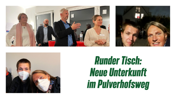 Drei Bilder von der Veranstaltung, zweimal Selfies von Julia (Grüne) und Tom (SPD), ein Foto von Mitarbeitenden der Sozialbehörde im Gespräch