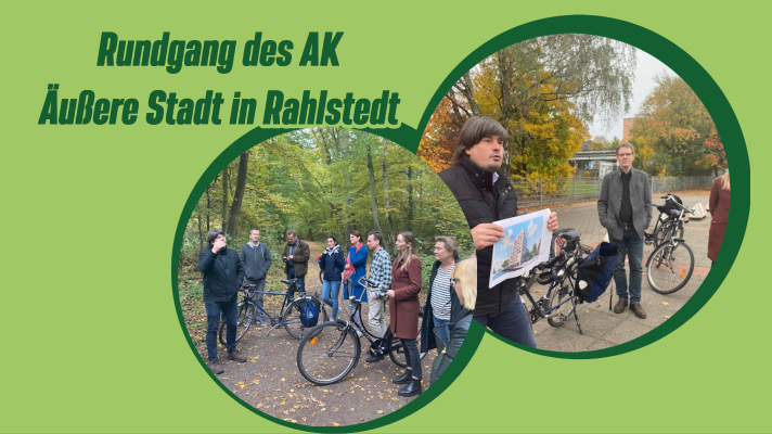 Zwei runde Gruppenbilder, grüner Hintergrund und Text "Rundgang des AK Äußere Stadt in Rahlstedt" Grüne Wandsbek