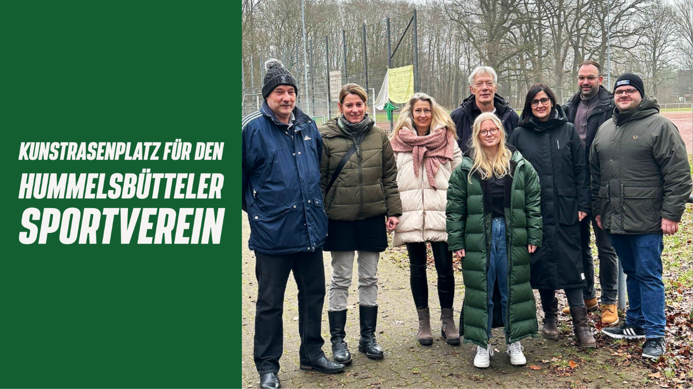 Erstes Dritte ist Grün mit Titel "Kunstrasenplatz für den Hummelsbütteler Sportverein", in den rechten zwei Dritteln: Gruppenfoto von Mitgliedern des Hummelsbütteler SV, SPD und Grünen