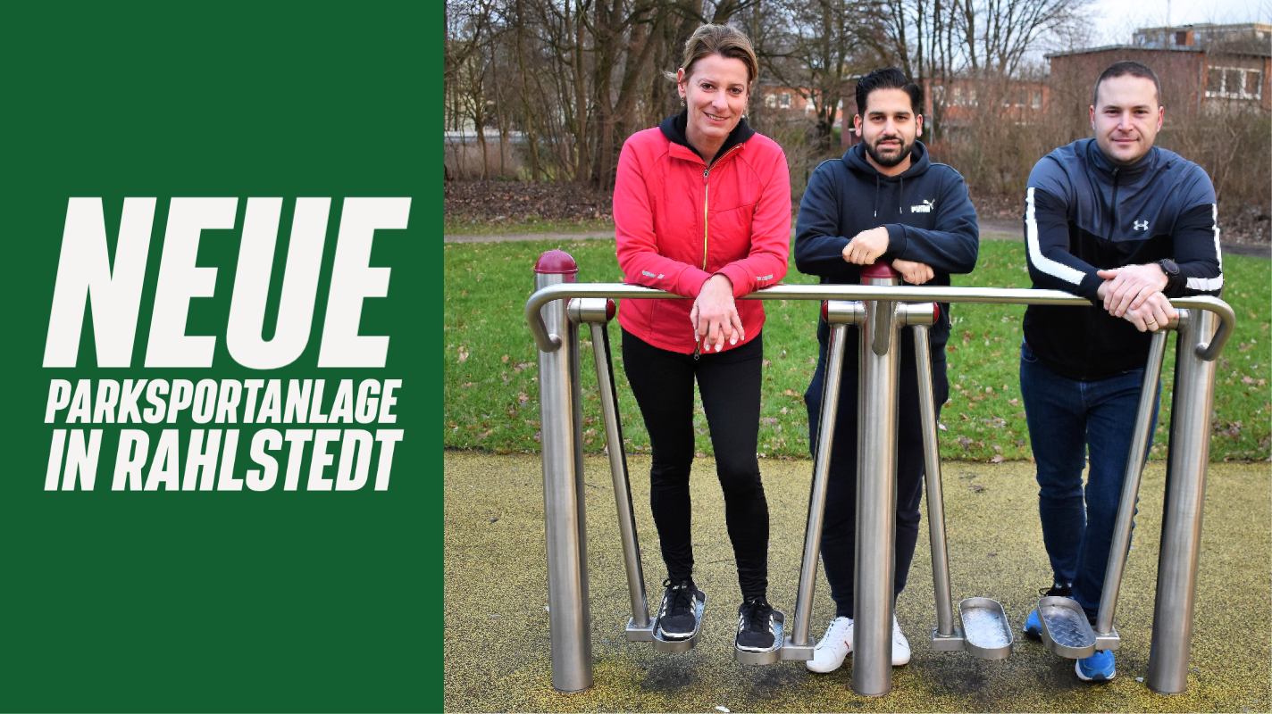 Foto von Katja Rosenbohm, Sami Khokar und Jan-Hendrik Blumenthal auf einer Parksportanlage in Wandsbek, alle tragen Sportoutfits. V