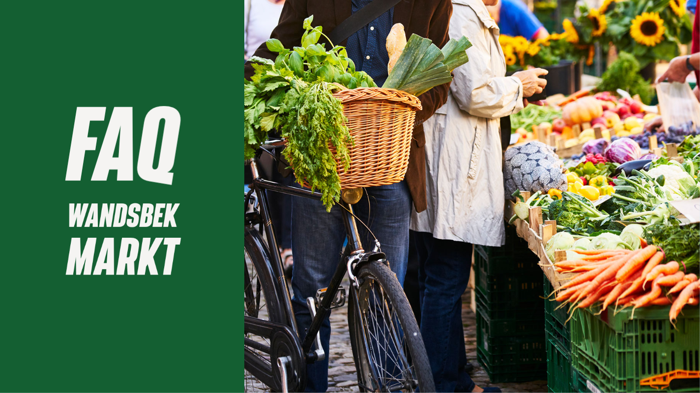 Links Grüne Fläche davor Text "FAQ Wandsbek Markt". Rechts Foto von Marktstand voller Gemüse und Fahrrad mit Korb vorne voller grüner Kräuter
