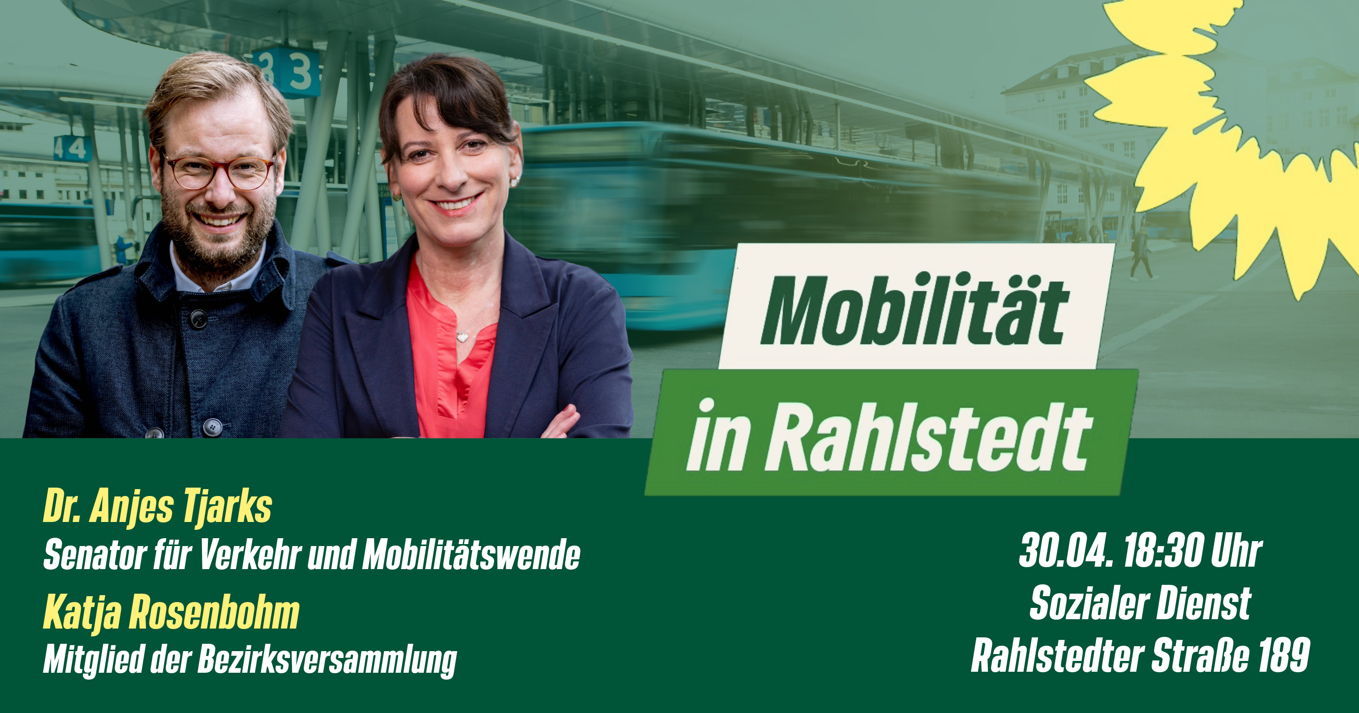 Hamburgs Senator für Verkehr und Mobilitätswende, Dr. Anjes Tjarks und Katja Rosenbohm sind zu sehen. Ankündigung der Veranstaltung "Mobilität in Rahlstedt".