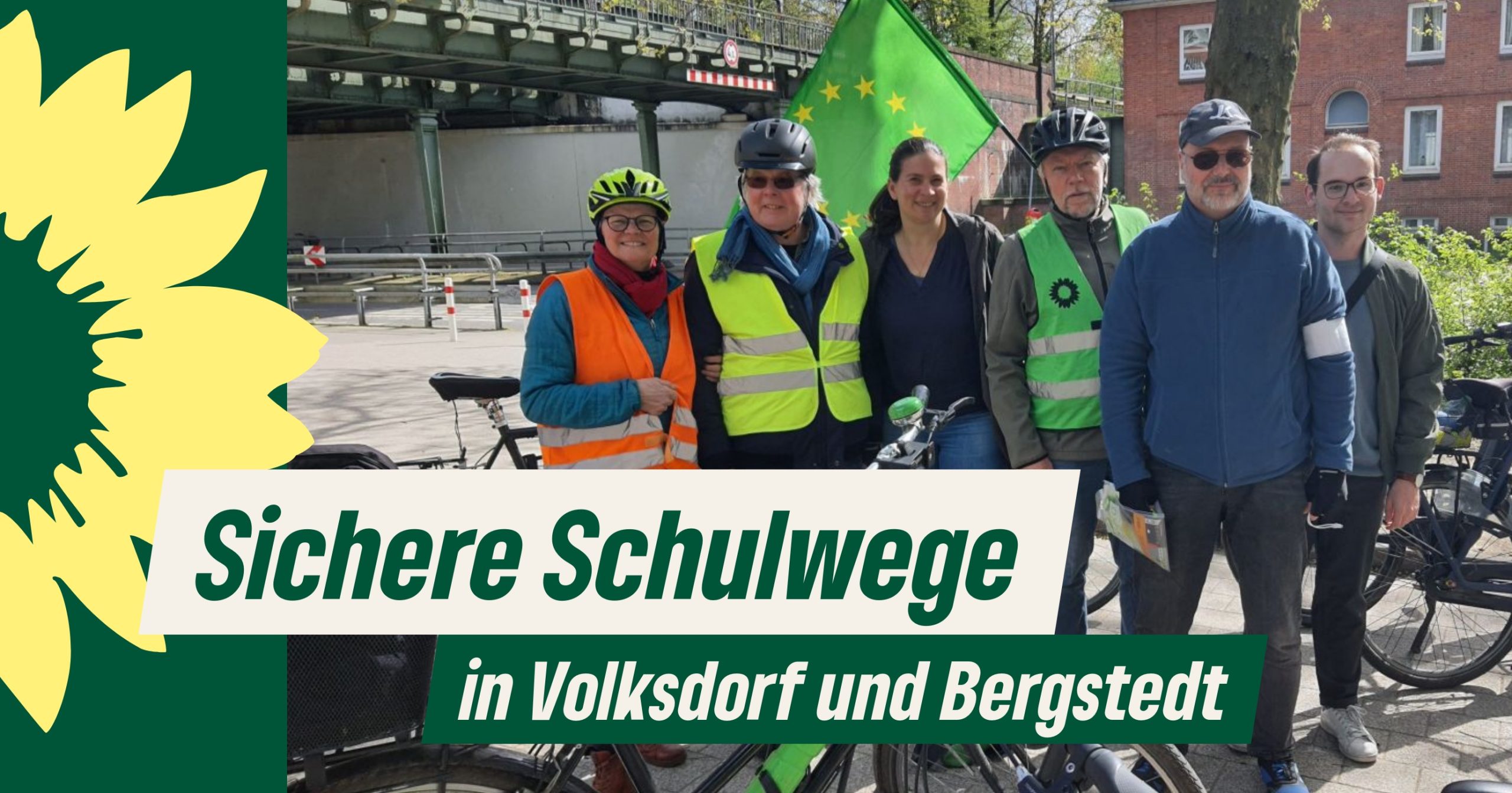 Eine Gruppe Fahrradfahrende davor der Text "Sichere Schulwege in Volksdorf und Bergstedt"